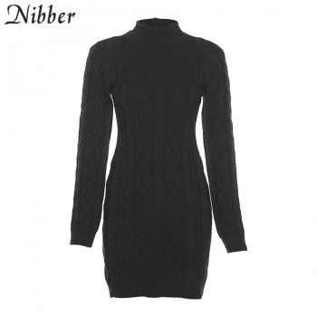 Nibber Autumn Mini Knit Dress Half High Collar Solid Color Open Back Cutout Sexy Slim Fit Women